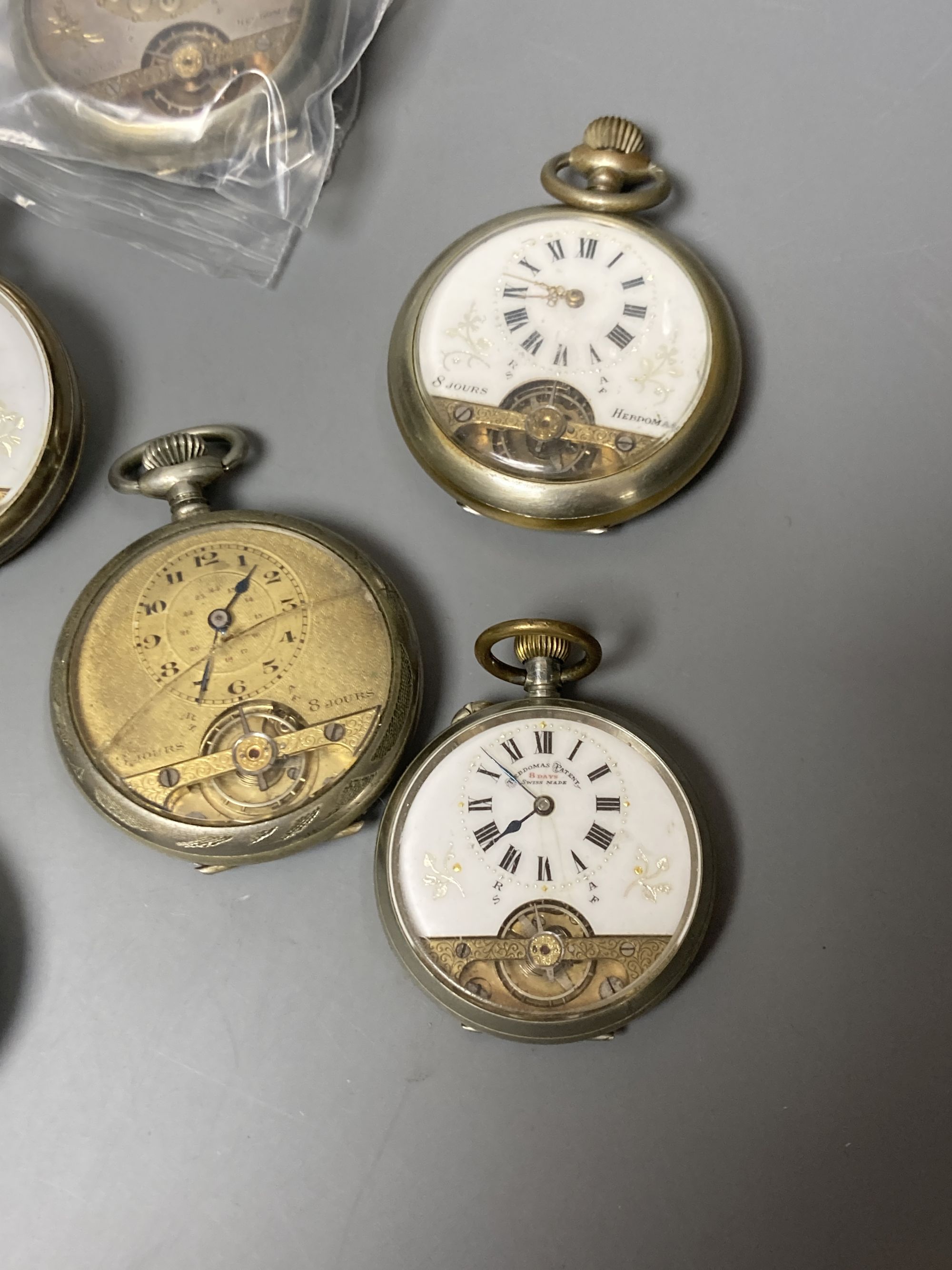 Five assorted base metal Hebdomas pocket watches and one 800 standard Hebdomas watch and two other Hebdomas style pocket watches (mostly a.f.)